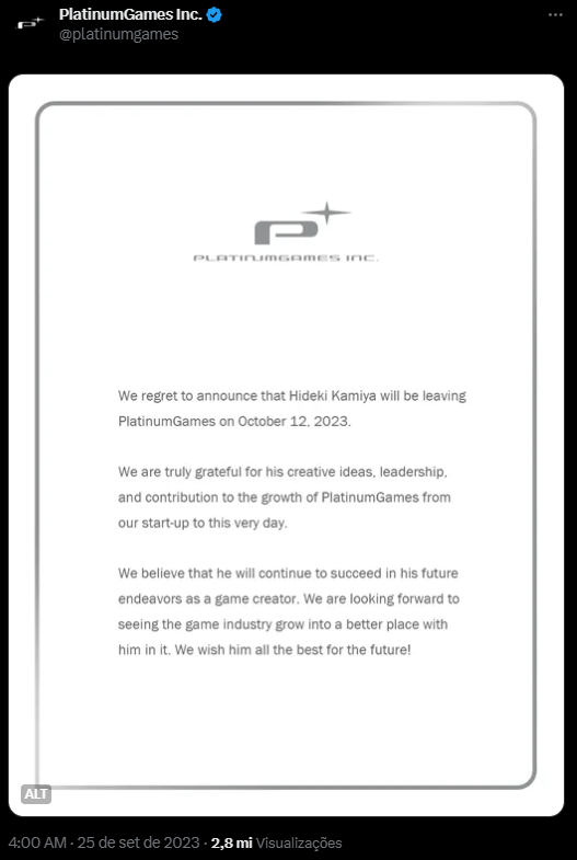 Criador de Bayonetta anuncia sua saída do estúdio PlatinumGames