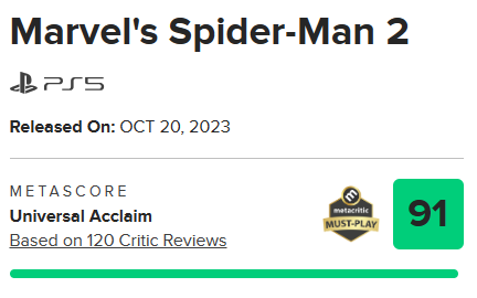 Spider-Man 2 tiene ahora mismo un 91 en Metacritic. 9,2 en meri - Reflotes